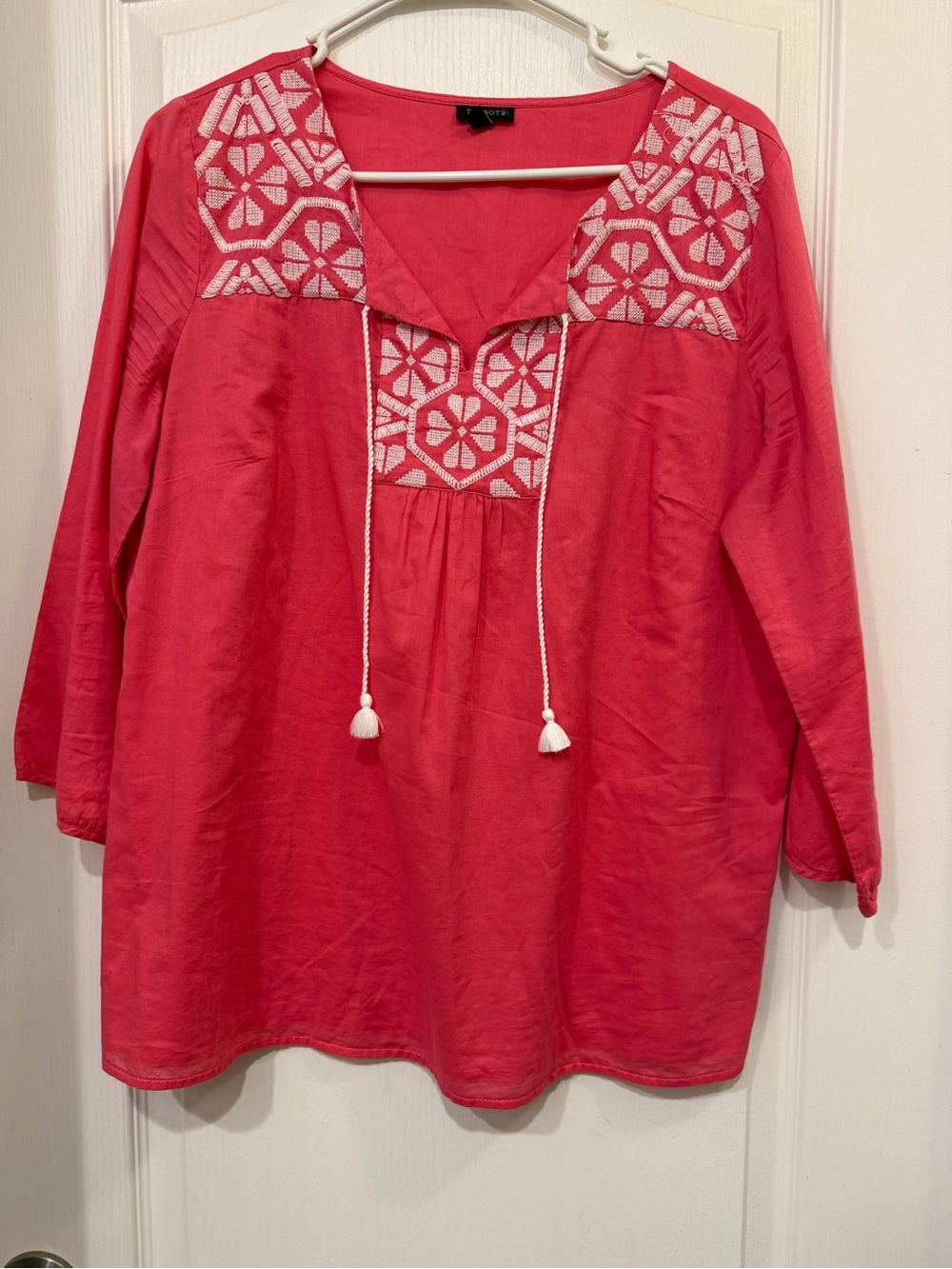 Talbots Large Coral Pink Embroidered Cotton Tassel Tie Boho Tunic
